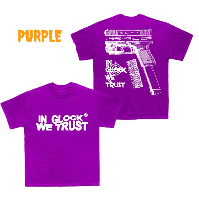 In Glock We Trust Limited edition Double Sided Print ,Full Color Cotton Classic Glock Tshirt for Men and Women - 'In Glock We Trust' - Menswear Collar