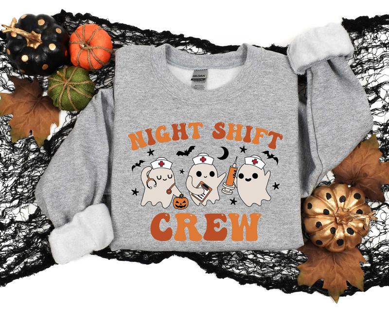 Night Shift Crew, Halloween Nurse Sweatshirt, Retro Spooky Nurse T-Shirt, Registered Nurse Sweatshirt, Nursing School Tee, Halloween RN Shirt, Full Si