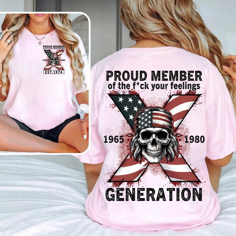 Custom Est.Year 1968 Skull GenX 2 Side Skull Shirt, GenX T-shirt, Skull Proud Member Generation X Shirt, Flag Skull Shirt