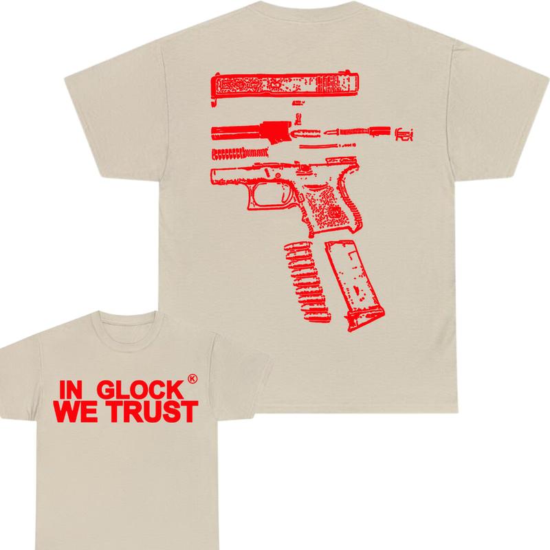 IN GLOCK WE TRUST 2 side T-shirt,Design Red, T-shirt For Men,Full color, Menswear Top, GIft For Men Cotton Classic
