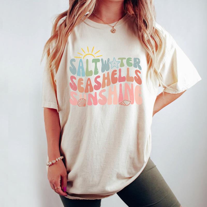 Saltwater Seashells Sunshine Shirt, Summer Shirt, Comfort Shirt for Women, Beach TShirt, Summer Vacation TShirts, Saltwater Tee, Sunsets Tee, Matching Beach TShirt, Groovy Summer Shirts, Girls Trip Shirts, Gift for Friend Women Top