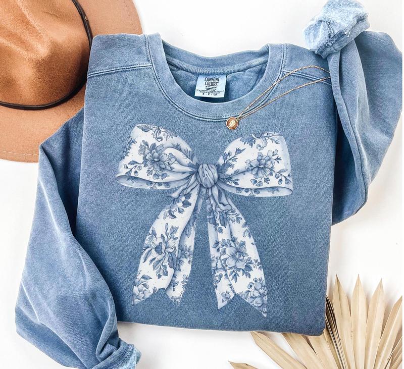 Toile De Jouy Coquette Bow Sweatshirt Blue Ribbon Sweater Girly Aesthetic
