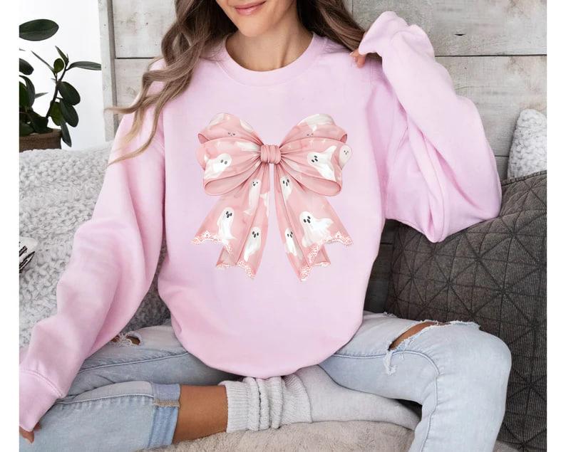 Pink Ghost Coquette Bow Sweatshirt, Coquette Halloween Sweatshirt, Pink Bow Shirt, Fall Sweatshirt, Spooky Season Shirt, Cute Ghost Shirt, Halloween T