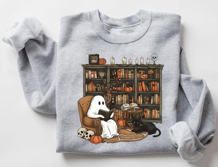Retro Ghost Reading Books Shirt - Sweatshirt - Hoodie, Librarian Ghost Halloween Sweater, Halloween Teacher Sweatshirt, Ghost Halloween Shirt, Ghost S