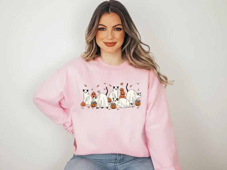 Halloween Ghost Cat Sweatshirt, Cat Halloween Sweatshirt, Cute Cats Halloween Shirt, Ghost Black Cat Shirt, Spooky Season Ghost Cats T-shirt