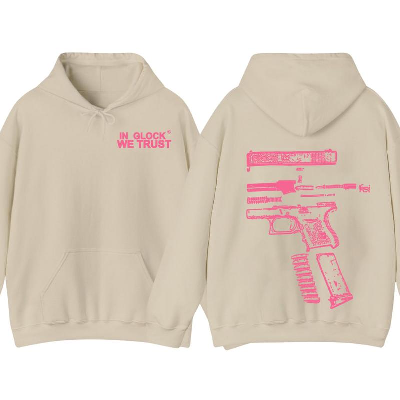 IN GLOCK WE TRUST 2 SIDE Hoodie , Design Heliconia pink, Sweater for Men , Gift For Men ,Full Color , Menswear Top, Glock SweatShirt Classic Cotton