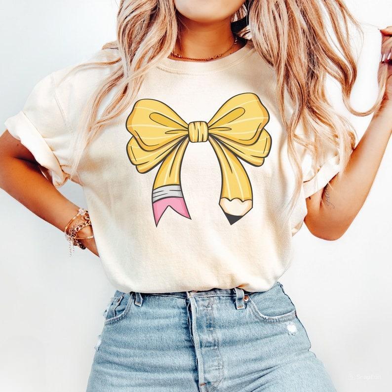 Coquette Teacher Shirt, Coquette Pencil Bow T-Shirt Sweatshirt, Back to School Tee, Appreciation Gift, Elementary Teacher Gift,  Full Color, Printed I