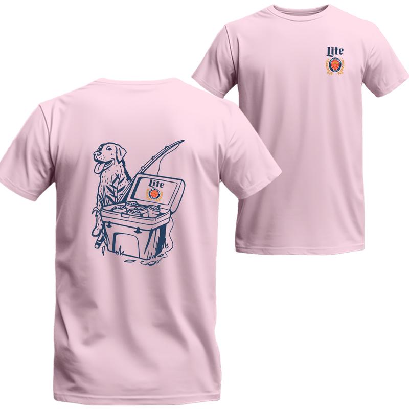 Miller Lite Fishing Scene with Dog  Cooler 2 sided Shirt, Unisex T-shirt For Men, For Women, Best choice, Menswear Top, Beer Shirt Underwear Tshirt