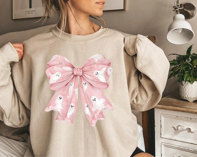Pink Ghost Coquette Bow Sweatshirt, Coquette Halloween Sweatshirt, Pink Bow Shirt, Fall Sweatshirt, Spooky Season Shirt, Cute Ghost Shirt, Halloween T