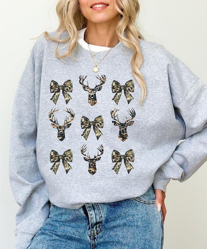 Girly Crewneck Sweatshirt for Deer Season Pullover with Deer Mount Prints and Camouflage Bows Womens Hunting Sweatshirt Deer Lease