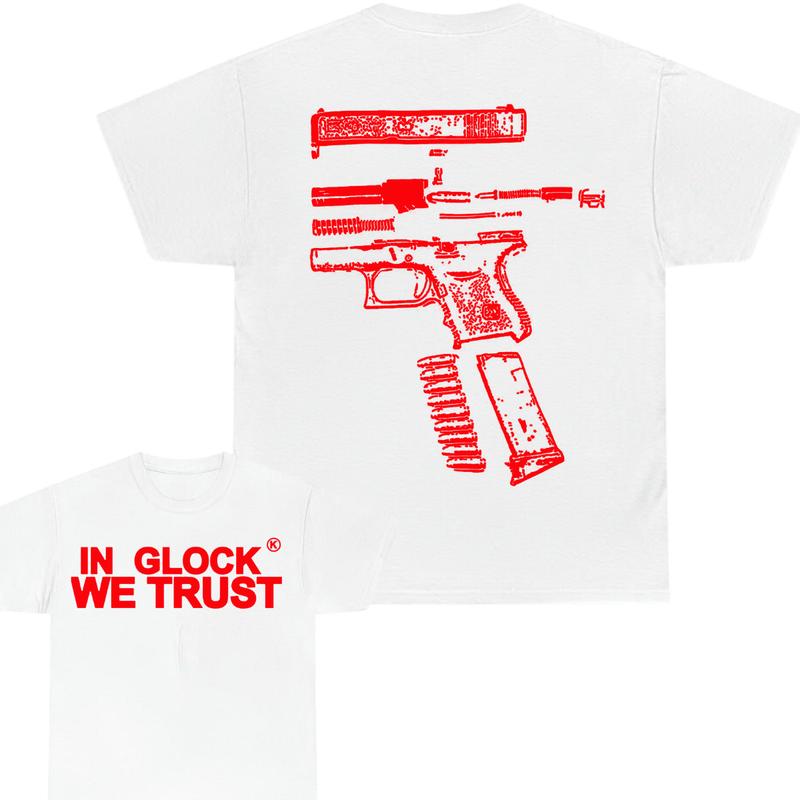 IN GLOCK WE TRUST 2 side T-shirt,Design Red, T-shirt For Men,Full color, Menswear Top, GIft For Men Cotton Classic