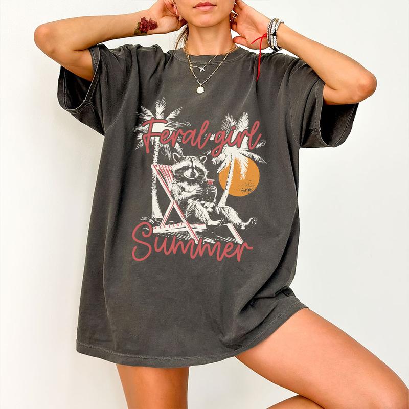 Feral Girl Summer Shirt, Feral Women Comfort Tee, Racoon Lover Shirt, Funny Raccoon T-Shirt, Beach Shirt, Beach Vacation Outfits, Trendy Summer Design