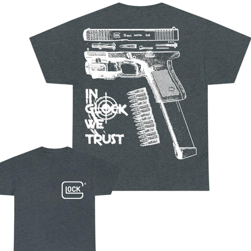 In Glock We Trust Double Sided Print T-Shirt - Glock shirt - Classic Width and Collar for Men and Women - Design color Black and White , Cotton Menswear