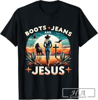 Retro Vintage Botas Jeans Y JesÃºs Country Music Cowgirl T-Shirt