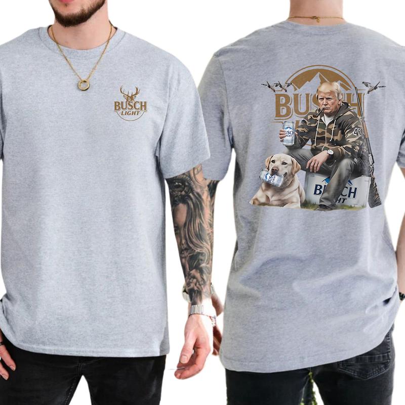 Hunter Trummpp Golden Dog Busch Light Beer Shirt 2-Sided, Men's Buck Hunting Graphic Tee, Drinking Shirt, Vintage Hunt Tops, Classic Casual Menswear