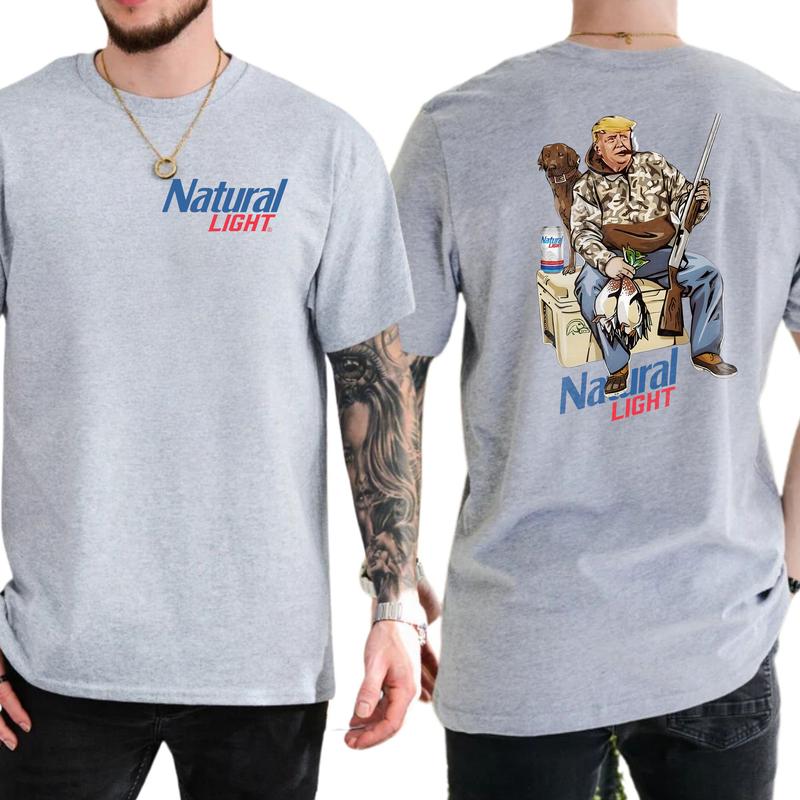Camo Hunter Trummp With Natural Light Beer Shirt 2-Sided, Funny Men's Hunting T-shirt, Beer Drinking Tee, Unisex Hunt Tops, Classic Casual Menswear