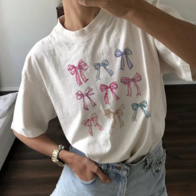 Coquette Clothing Y2K Cute Graphic Ribbon T-Shirt for Women with Bow Design - Top Womenswear, Medium, Short Sleeve, Fitted, Machine Washable Underwear