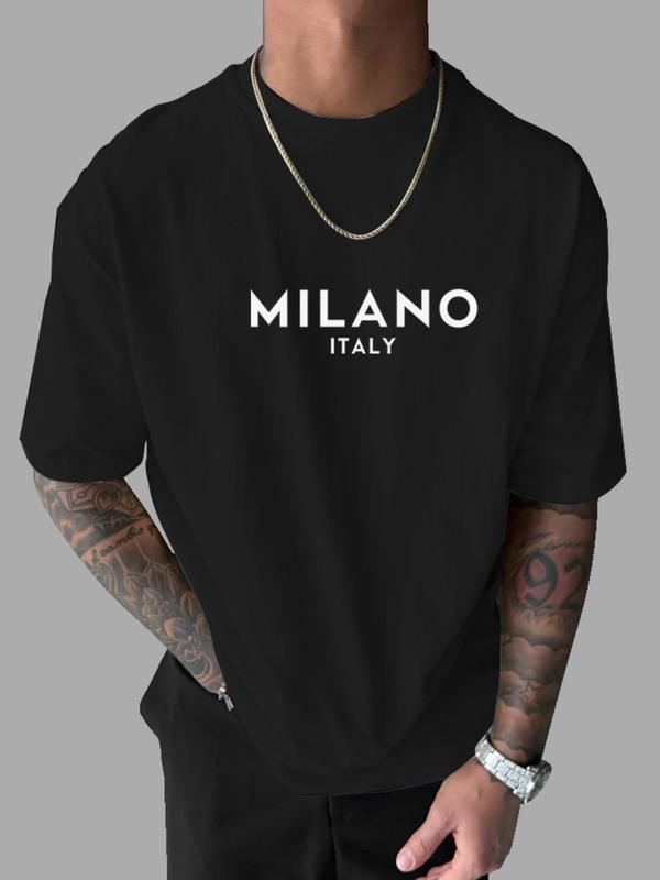 Men's Letter Print Round Neck Tee, Regular Fit Casual Comfy StreetwearÃ‚Â Drop Shoulder Short Sleeve T-shirt for Daily Wear, Graphic Tees,Ã‚Â Men's Summer C