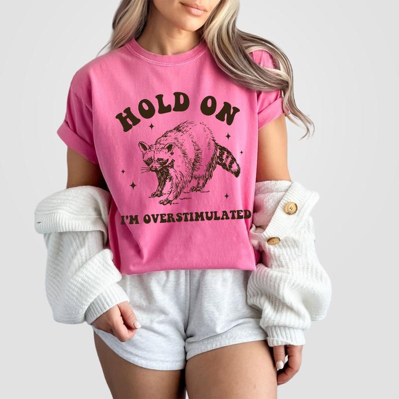 Hold On I'm Overstimulated T-Shirt, Retro Unisex Adult T Shirt, Funny Raccoon Comfort Shirt, Meme T Shirt, Relaxed Cotton Shirt, Funny Friends Gifts, Racoon Lover Tee, Support Street Cat Shirt, Women Top