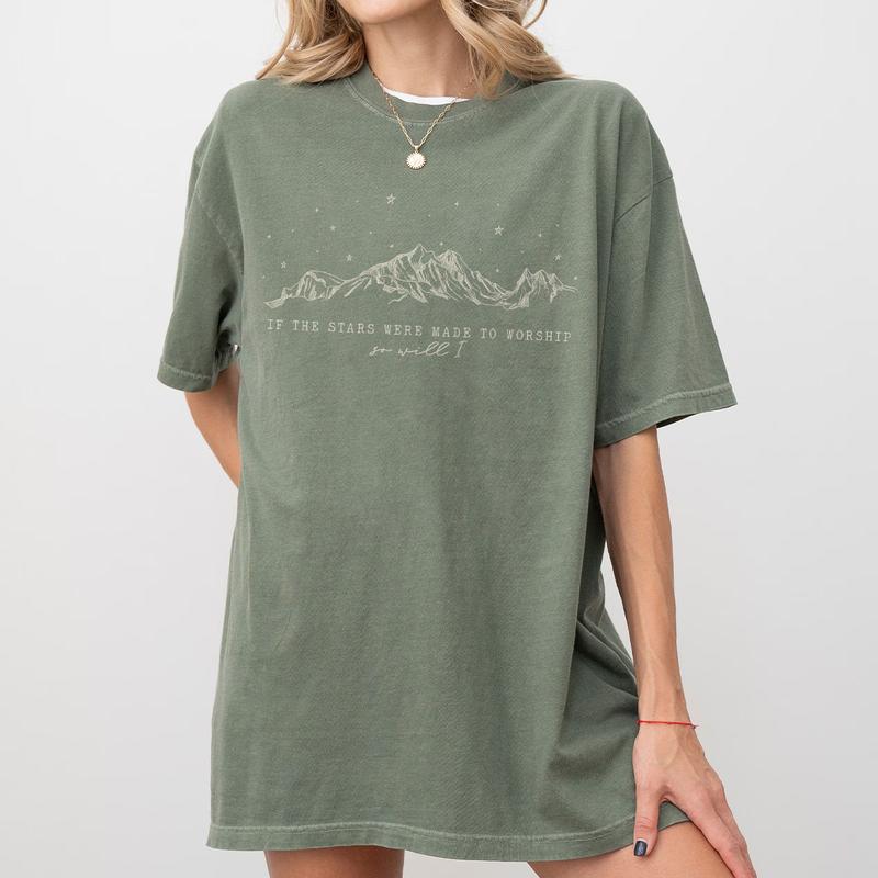 If the Stars Were Made to Worship So Will I Shirt, Christian Faith T-Shirt, Inspirational Religious Tee, Mountains and Stars Design, Comfortable Casual Women's Wear, Faith-Based Graphic Tee, Spiritual Encouragement Top