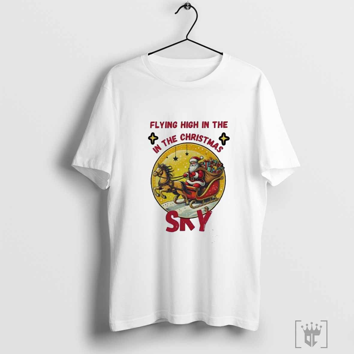 Some information about Santa Claus flying high in the sky in the Christmas shirt