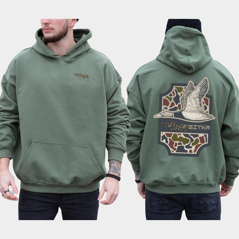 Classic SITKA Camo Mallard Hunting 2-Sided, Camouflage Printed Hoodie for Men, Duck Hunt Pullover, Unisex Hunter Tops, Classic Casual Menswear