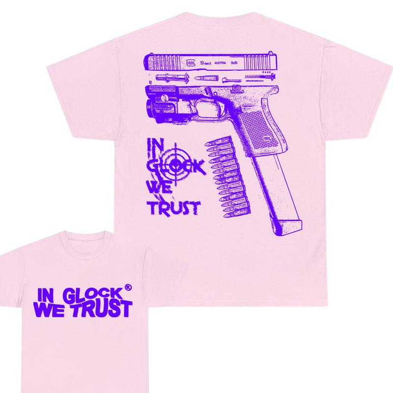 In Glock We Trust Limited edition Double Sided Print ,Full Color Cotton Classic Glock Tshirt for Men and Women - 'In Glock We Trust' - Menswear Collar
