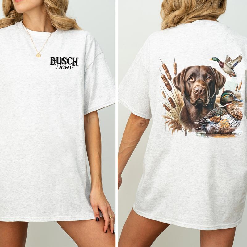 Busch Light Dog Hunting Duck 2-Sided Graphic Shirt, Mallard Hunting Shirt for Men, Dog Hunt Tee, Soft Cotton Fabric Tshirt, Classic Casual Womenswear