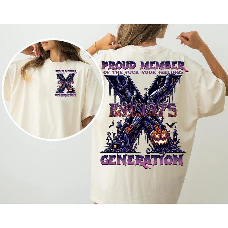 Custom Year Est.1975 Halloween GenerationX 2 Side Shirt, Halloween Pumpkin Proud Member GenX T-shirt, Generation X T-shirt