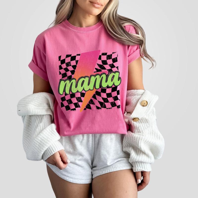 Neon Mama Shirt, Checkered Mama Shirt, Lightning Bolt Shirt, Mothers Day Gift, Retro Checkered Mom Tshirt, Mom Comfort Tee, Gift for Her, Retro Mama Shirt, Mom Women Tops