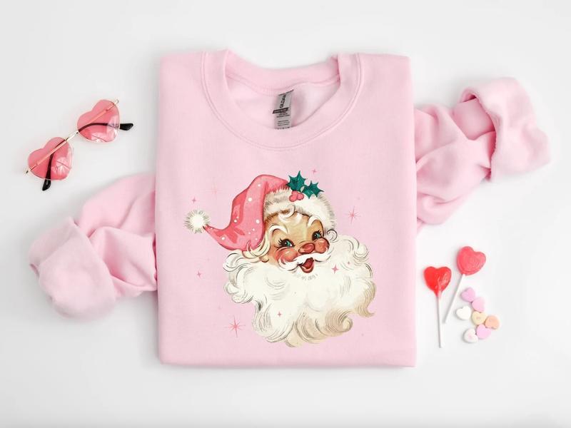 Pink Santa Retro Christmas ShirtSweatshirtHoodie, Retro Crewneck, Gift For Xmas, Cotton, Womenswear Tops
