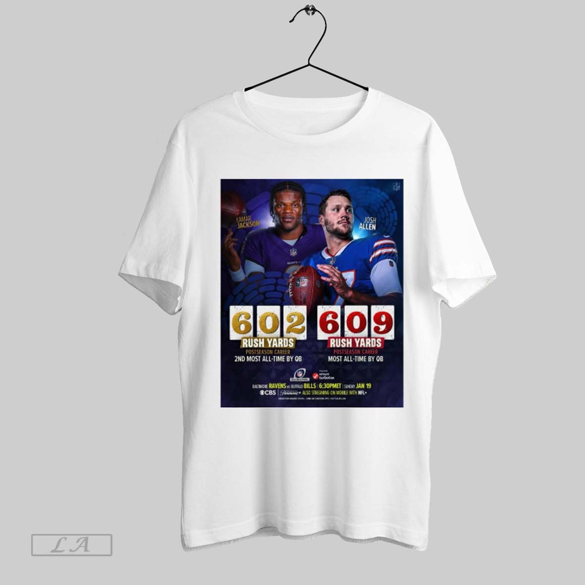 Poster Lamar Jackson Ravens 602 Rush Yards 2nd Most All Time By Qb And Josh Allen Bills 609 Rush Yards Most All Time By Qb T Shirt