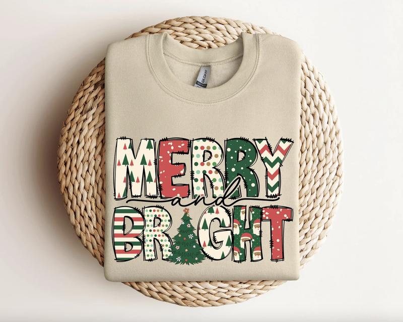Merry and Bright ShirtSweatshirtHoodie, Retro Crewneck, Gift For Xmas, Cotton, Womenswear Tops