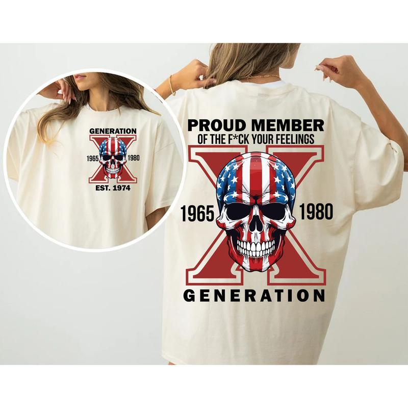 Custom Est.Year 1968 Flag Skull GenerationX 2 Side Skull Shirt, GenX T-shirt, Skull Proud Member Generation X Shirt, Skull Shirt V2