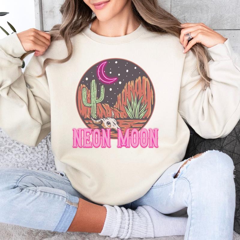Neon Moon Crewneck Sweatshirt, Womenswear Soft Printed Sweatshirt, Country Music Cozy Oversized Fleece Long Sleeve