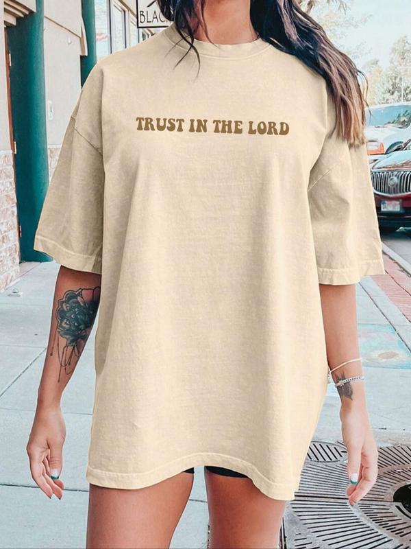 Women's Letter Print Drop Shoulder Tee, Casual Half Sleeve Round Neck T-shirt for Summer, Women's Top for Daily Wear