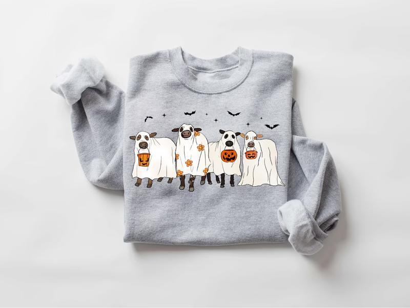 Cows Halloween Sweatshirt, Halloween Ghost Cows Sweatshirt, Spooky Cows Halloween Gifts, Cow Lovers Halloween Gift Classic Fabric popular sweatshirt