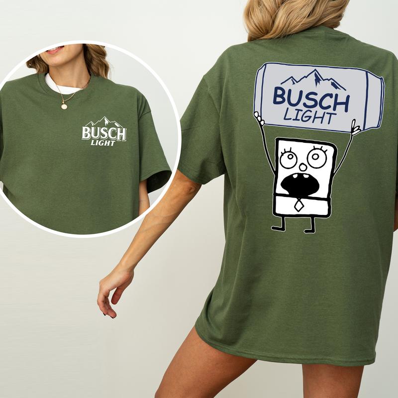 DoodleBob Busch Light Unisex T-Shirt, Funny Doodlebob Beer Graphic 2 Sided Shirt, Vintage Drink T-Shirt, Drinking Tshirt for Men, Comfort Cotton Fabric Tshirt, Women's Top, Casual Womenswear