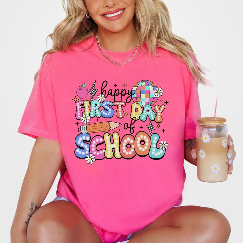 Happy First Day Of School Shirt, Teacher Women Top, Retro Teacher Back To School Tee, Funny First Day Of School Shirt, Cute Teacher T-Shirt, Teacher Team Outfits, Kindergarten Teacher, First Grade Shirt, Teacher Women Tops