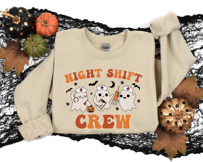 Night Shift Crew, Halloween Nurse Sweatshirt, Retro Spooky Nurse T-Shirt, Registered Nurse Sweatshirt, Nursing School Tee, Halloween RN Shirt, Full Si