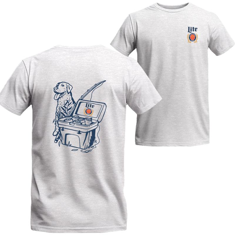 Miller Lite Fishing Scene with Dog  Cooler 2 sided Shirt, Unisex T-shirt For Men, For Women, Best choice, Menswear Top, Beer Shirt Underwear Tshirt