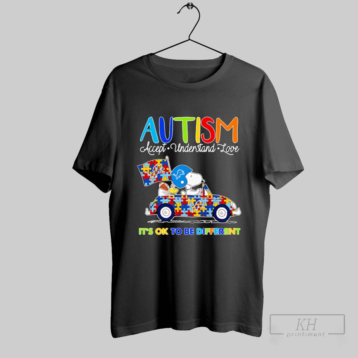 Snoopy Driving Autism Accept Understand Love Its Ok To Be Different Detroit Lions Shirt Sweatshirt Tee Shirt