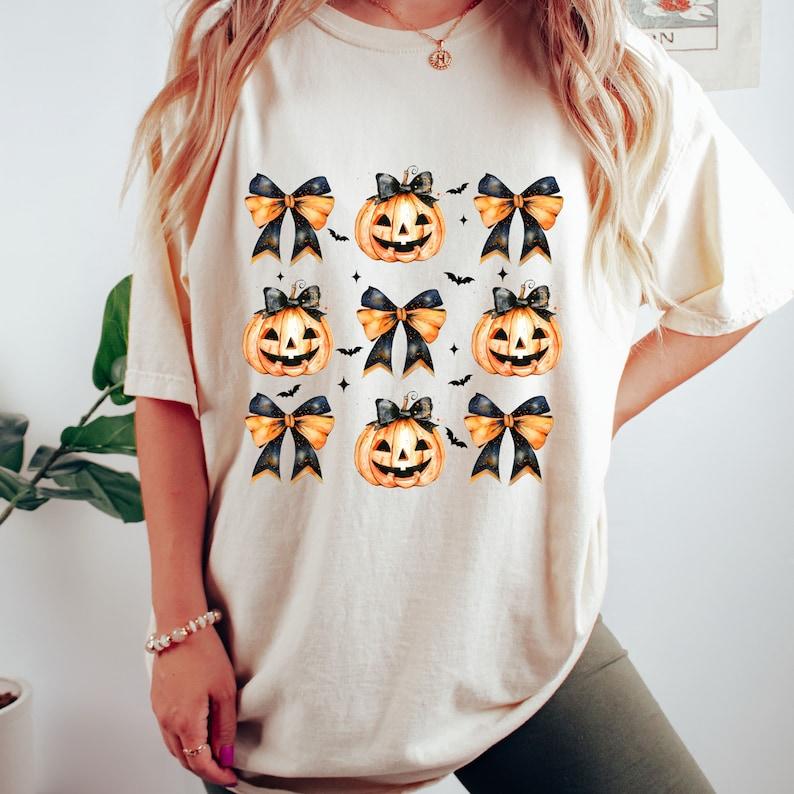Halloween Pumpkin Shirt, Coquette Bow Halloween Shirt, Spooky Season Shirt Casual Comfort Collar Cotton