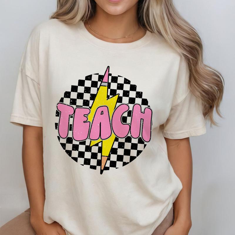 Checkered Teach Shirts, Pencil Lightning Shirt, Lightning Bolt Shirt, Teacher Appreciation Gifts, Shirt For Teacher, Retro Teacher T-shirt, Teacher Gifts, Women Shirt, Retro Shirt For Her, Women Tops, Checkerboard Teach T-shirt