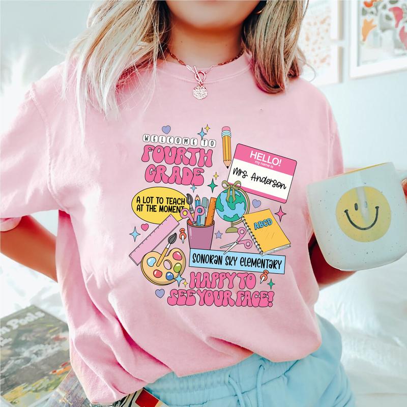 Welcome To 4th Grade Happy To See Your Face Shirt, Happy First Day Of School 4th Grade Teacher Shirt, Custom Name Shirt, Personalized Teacher Shirt (P
