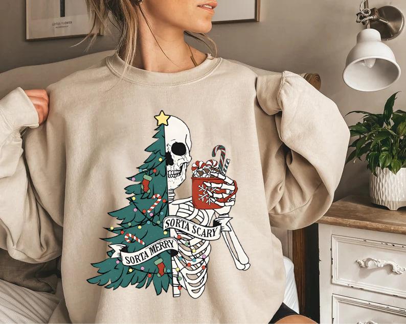 Sorta Merry Sorta Scary Crewneck Sweatshirt, Skeleton Christmas Sweater, Festive Holiday Sweatshirt, Funny Xmas Shirt, Ugly Xmas Sweater, Funny Christ