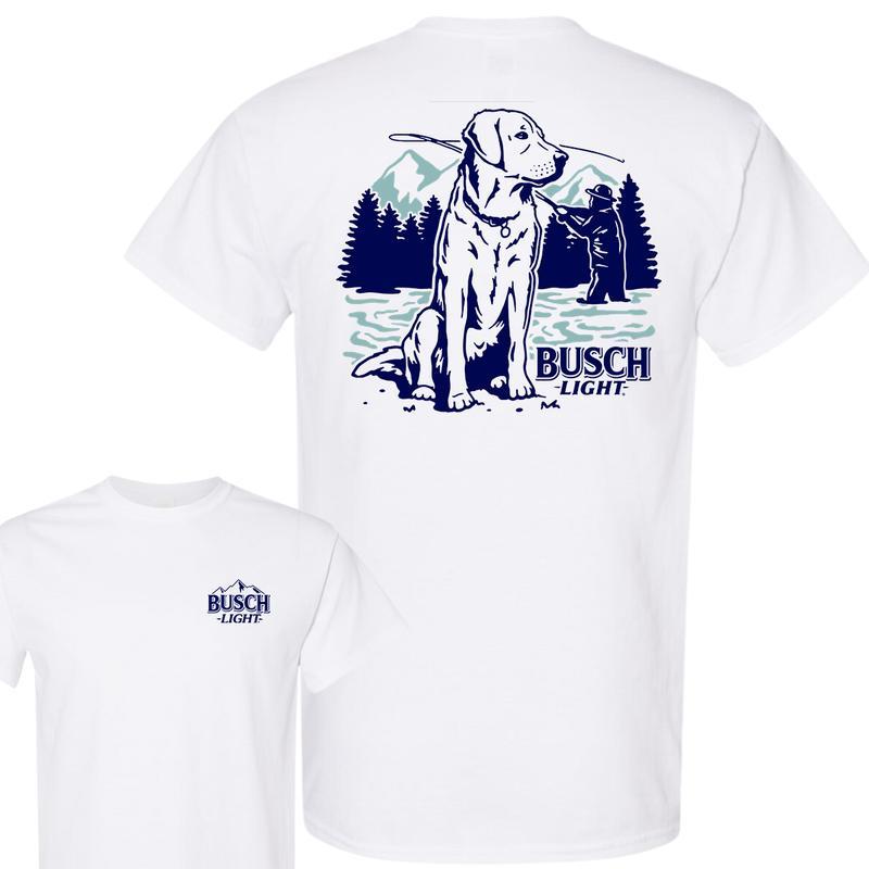 Busch Light, Beer, Busch Light Fly Fishing With Dog Scene 2 sided T-Shirt, Unisex T-Shirt, Full Color T-Shirt, For Men, For Women, Casual Graphic Roun