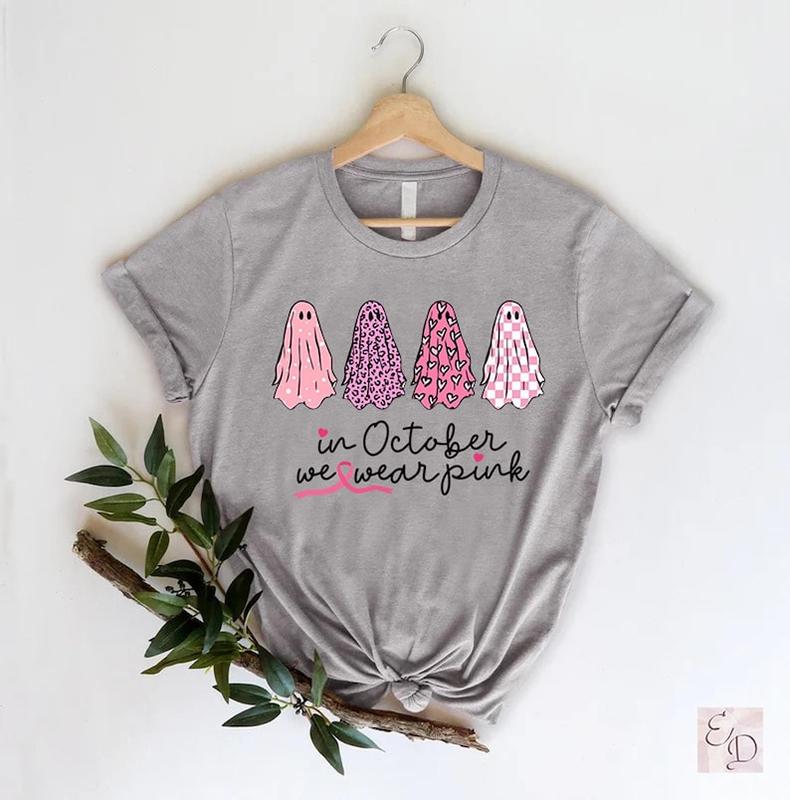 Breast Cancer Halloween Ghost Hoodie Sweatshirt, In October We Wear Pink, Cancer Awareness T-Shirt, Specialty Gift Unisex Supportive Top