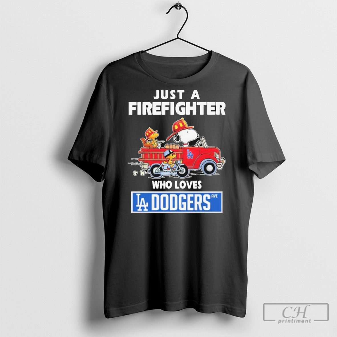 Snoopy And Woodstock Driving Car Motor Just A Firefighter Who Loves Los Angeles Dodgers T Shirt
