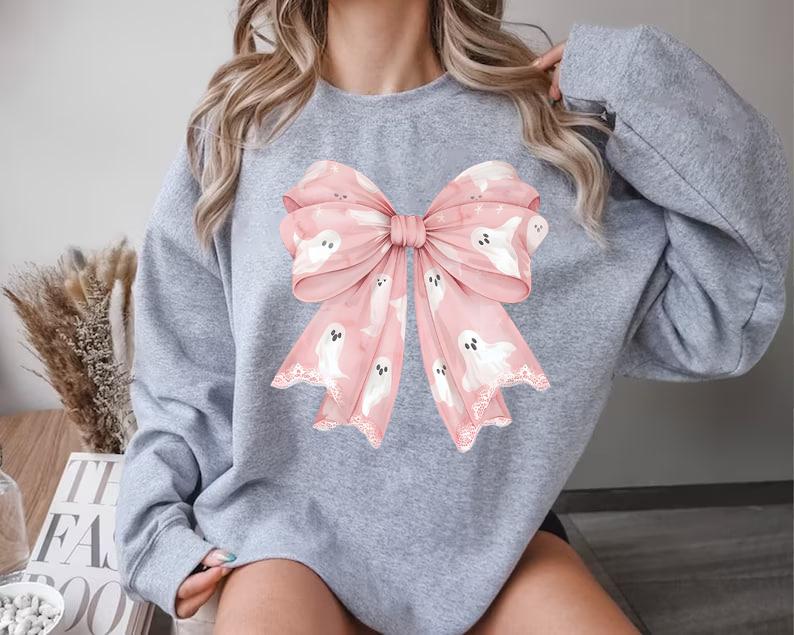Pink Ghost Coquette Bow Sweatshirt, Coquette Halloween Sweatshirt, Pink Bow Shirt, Fall Sweatshirt, Spooky Season Shirt, Cute Ghost Shirt, Halloween T